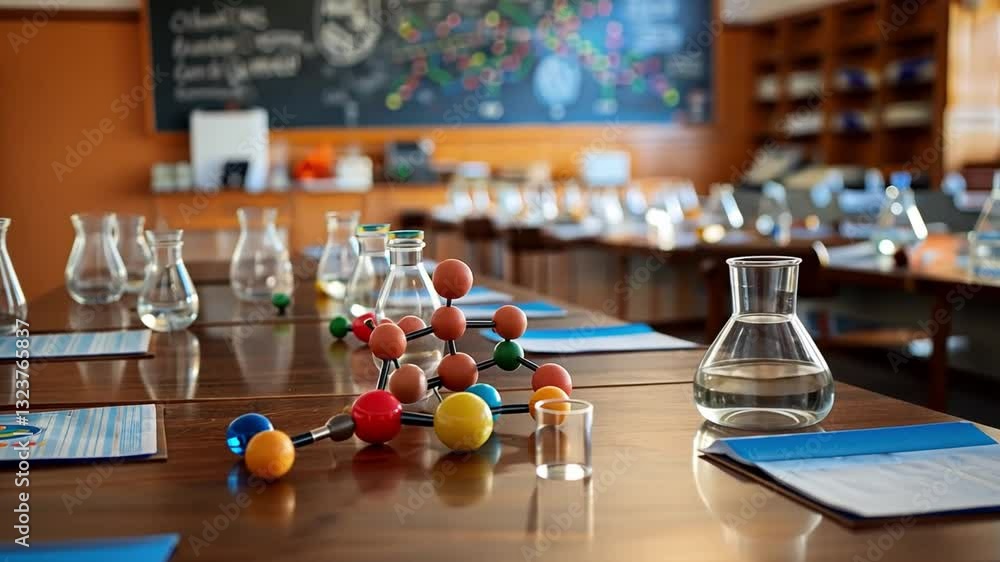 Poster science classroom with molecular models and glassware on wooden tables, creating educational atmosph