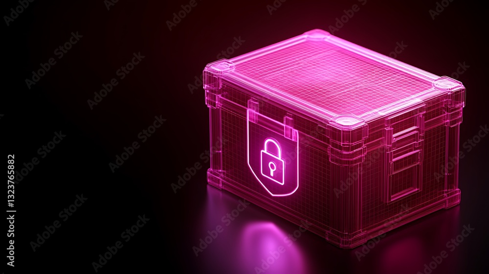 Poster illuminated digital storage box with lock symbol and grid lines in futuristic neon style