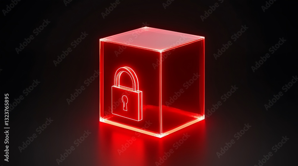 Poster illuminated red lock icon inside transparent cube with glossy surface on dark background