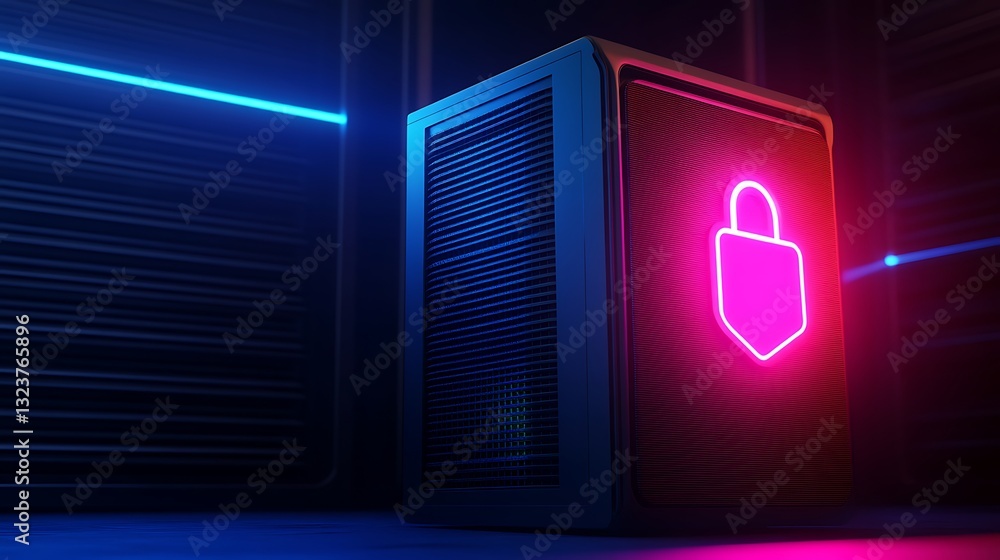 Poster illuminated lock symbol on digital storage device in futuristic cyber environment