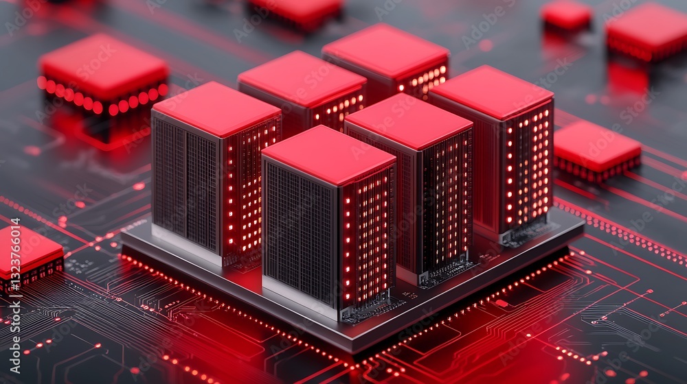 Poster modern data center concept with red servers and circuit board design for technology and digital back