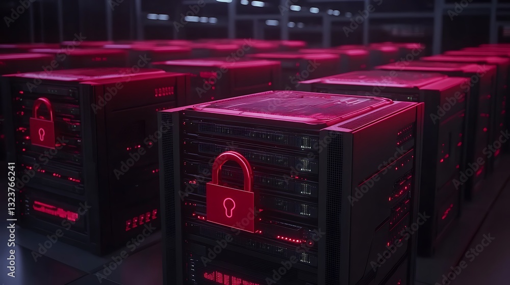 Poster modern data center with secure servers and red lighting emphasizing cybersecurity and data protectio