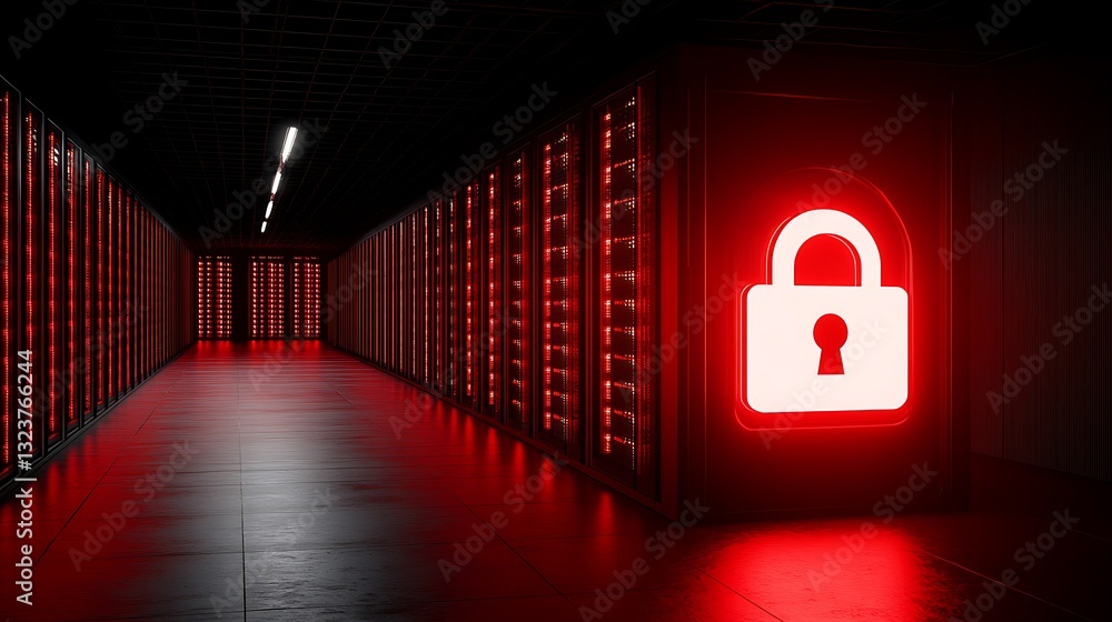 Aufkleber modern data center with security lock symbol illuminated in neon red lighted corridor