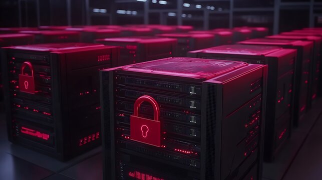Modern Data Center with Secure Servers and Red Lighting Emphasizing Cybersecurity and Data Protection Elements