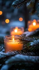 Candles glowing in snowy winter scene.