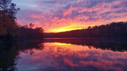 Fototapeta premium A colorful sunset reflecting in a still lake.