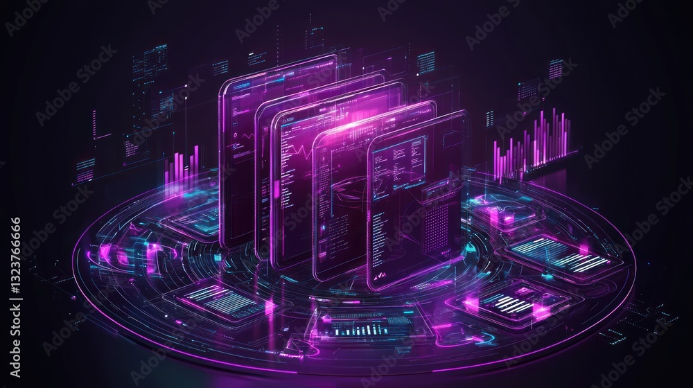 Poster futuristic digital interface with holographic displays and data visualization