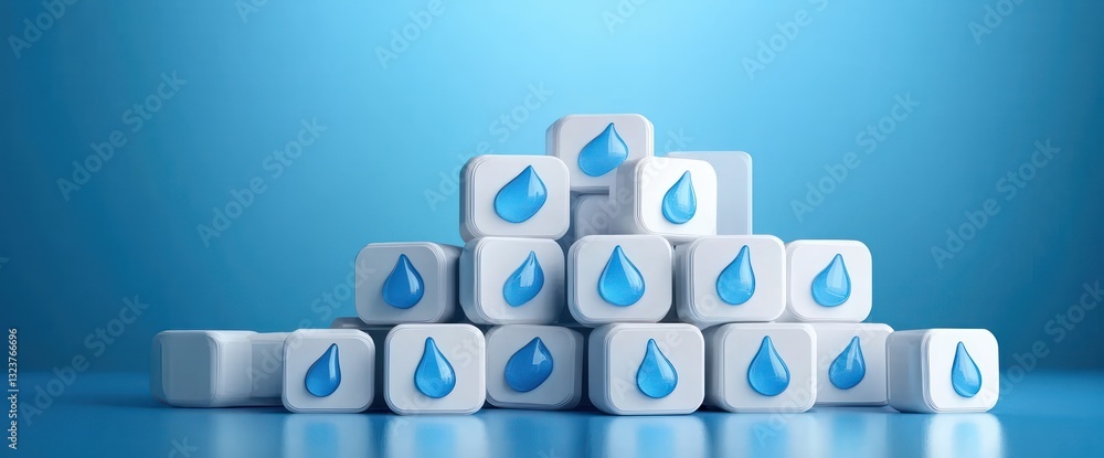 Poster 3d minimalist tiles with blue logo on a table for web content management systems