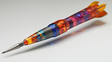 A vibrant, handcrafted dart, its surface adorned with a riot of colors, meticulously crafted for both outdoor recreational games and the precision of hunting, ready for its flight.