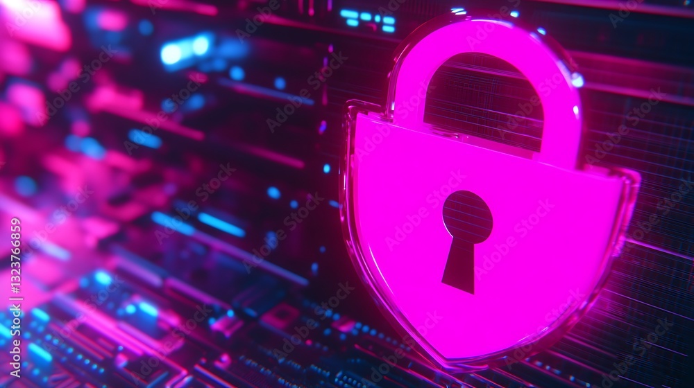 Poster neon cybersecurity concept with lock symbolizing data protection and digital privacy in future techn