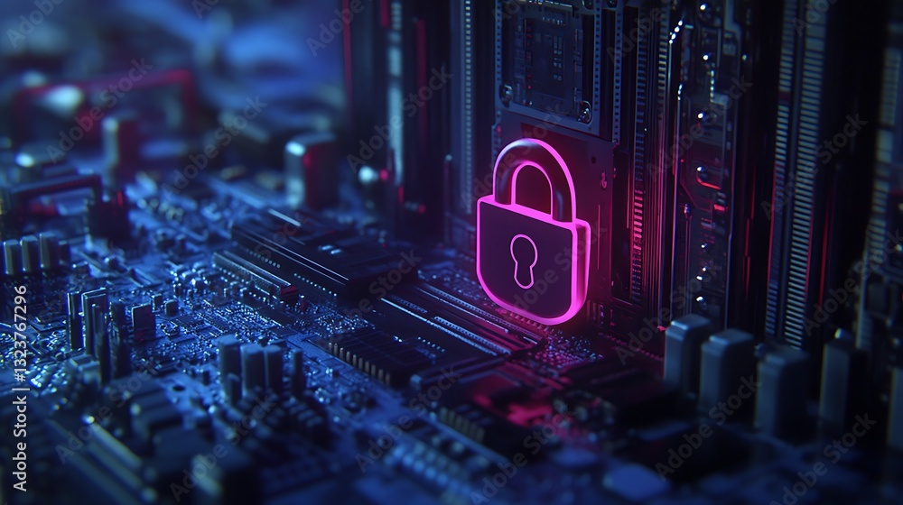 Poster neon lock icon on circuit board background representing digital security and data protection concept