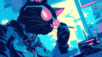 Nostalgic Anime Cat Grooving to Retro Beats, vibrant pop art style featuring a cat with bold outlines, enjoying music from a cassette player in a cool neon color palette.