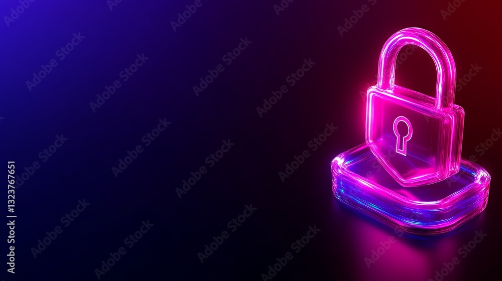 Poster neon lock icon with glowing effect on dark background for digital security and cyber protection conc