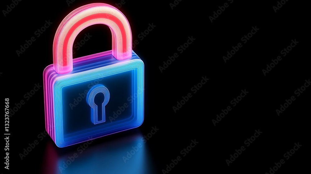 Poster neon lock icon with vibrant colors on dark background representing security and protection concepts