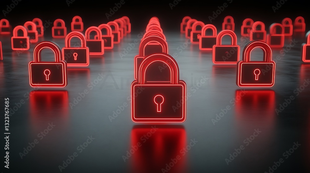 Poster neon lock icons in rows with glowing red illumination on dark reflected surface