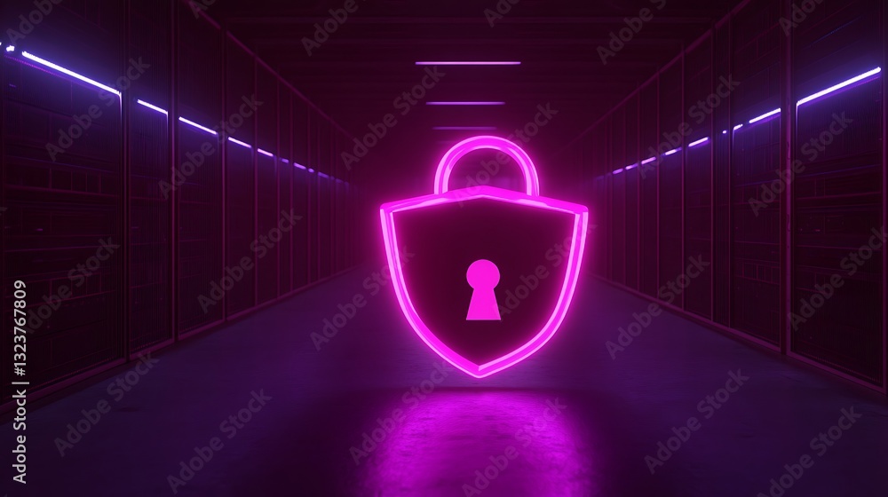 Poster neon lock symbol illuminating a dark server room with futuristic vibes and high-tech aesthetics