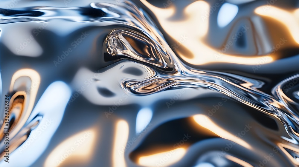 Aufkleber a shiny chrome surface showing reflections and flowing forms