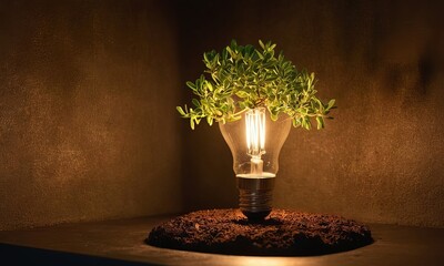 Sustainable Energy Concept, Light Bulb with Green Plant Inside on Soil