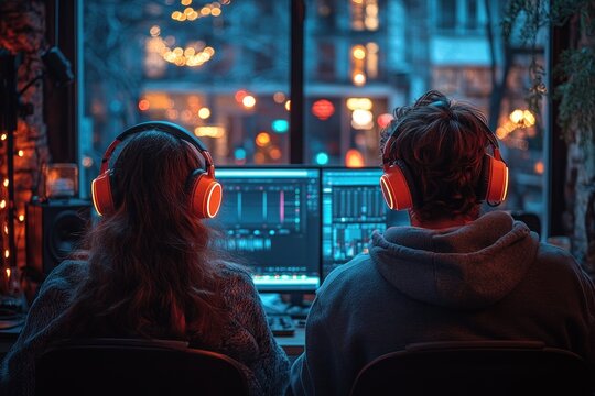 Podcast Hosts Recording Creative Digital Content in Modern Studio with Professional Microphone and Laptop