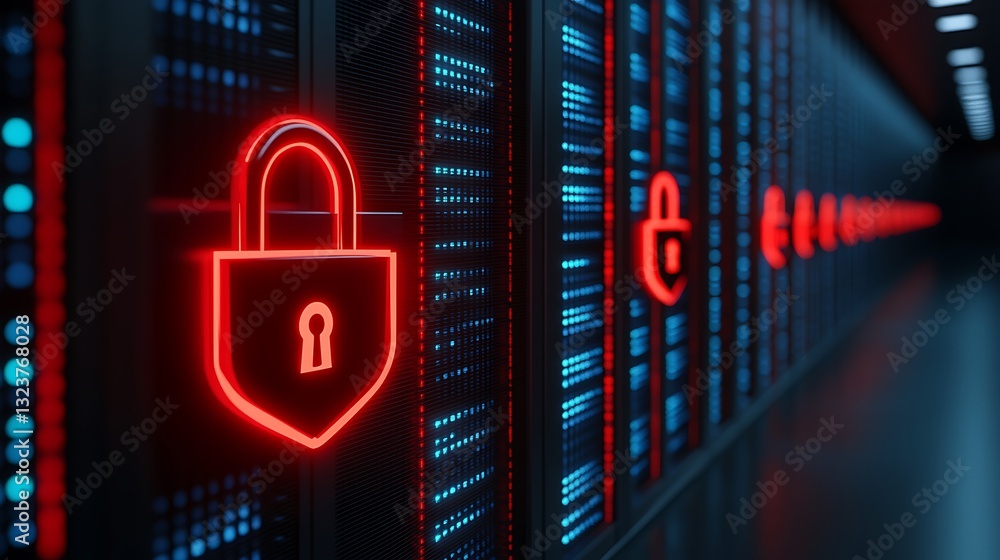 Poster neon lock symbol on digital server rack representing data security and cybersecurity with a futurist