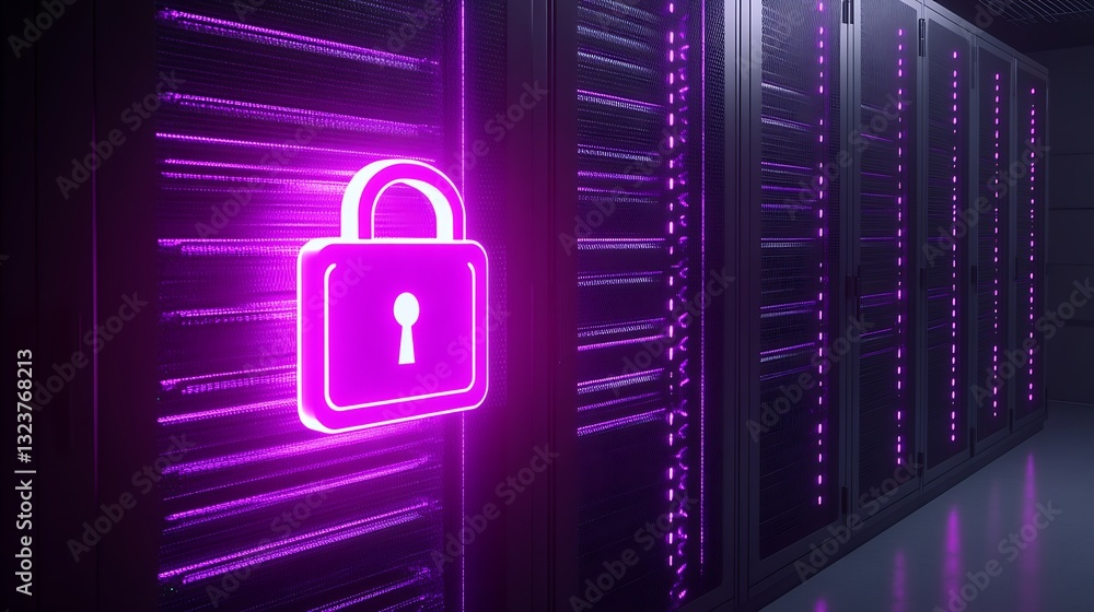 Poster neon lock symbol representing data security in a modern server room with digital storage technology