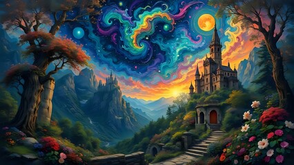 Obraz premium Mystical Art Coloring Painting of a Castle, Jungle, Mountain, and Colorful Moon
