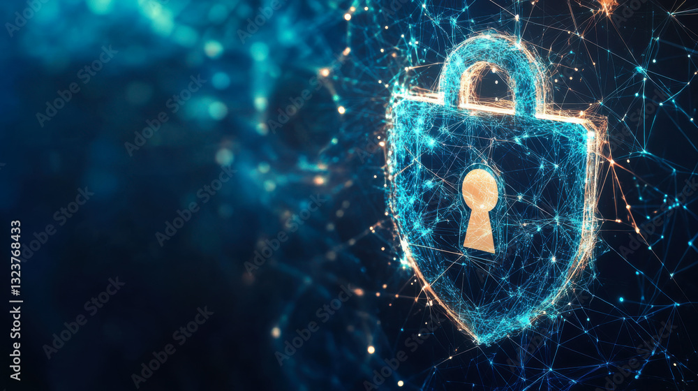 Poster brightly glowing digital lock symbolizing cybersecurity and data protection through network connecti