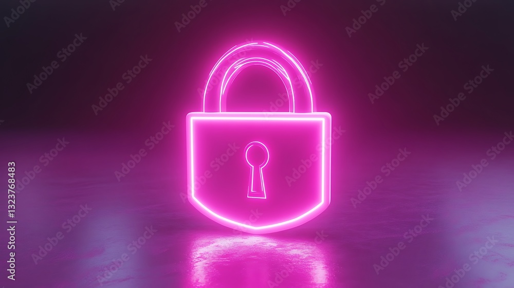 Poster neon pink lock icon in a dark and glowing environment representing security and protection concepts