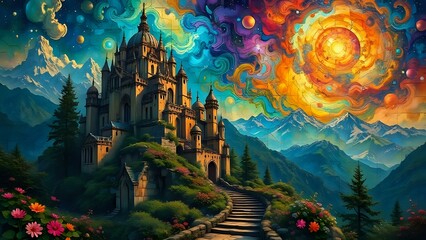 Obraz premium Enchanting Castle on a Mountain with a Colorful Moon and Dreamy Landscape
