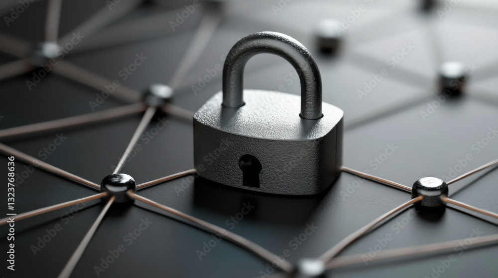 Poster secure padlock resting on a networked surface symbolizing cybersecurity and data protection