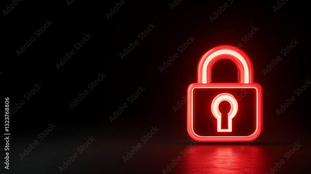 Poster neon red lock icon glowing in dark background with keyhole symbolizing security and privacy concepts
