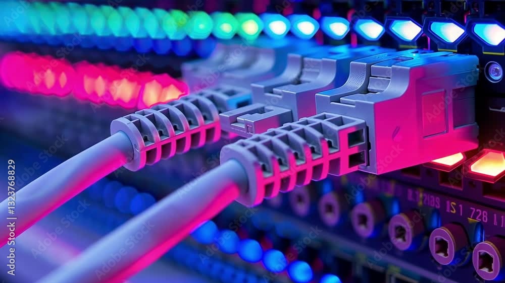 Poster close up of network cables connected to server with colorful led lights, showcasing vibrant data cen