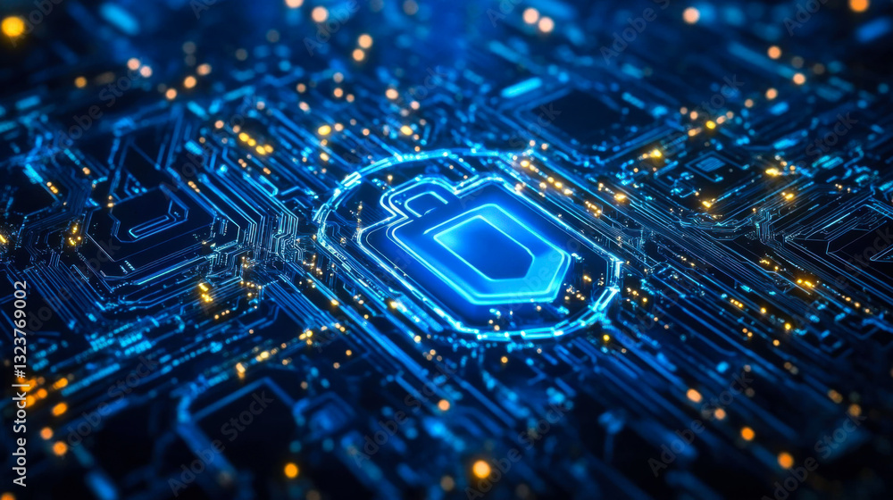 Poster digital lock symbol surrounded by glowing circuitry on a microchip at night