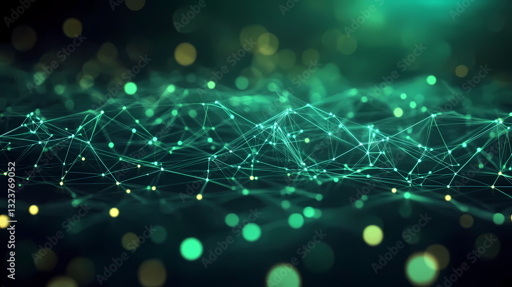 Poster green lines and yellow dots forming a network pattern