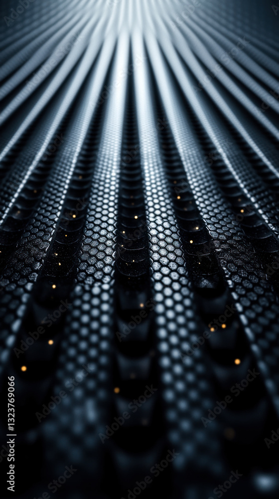 Poster unique close-up view of textured metallic surface with holes and lighting in an industrial setting