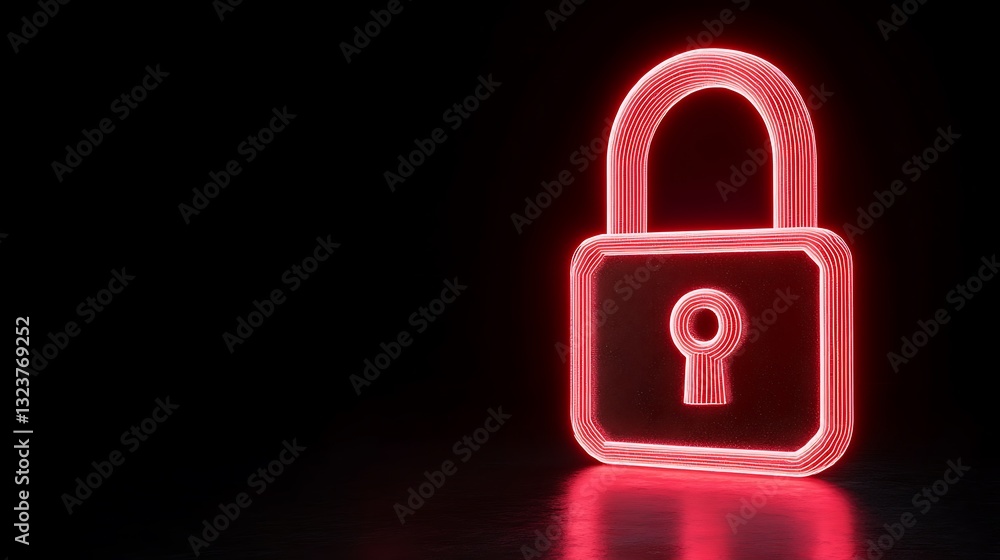 Poster neon security lock icon glowing in red light with a dark background for digital protection and safet