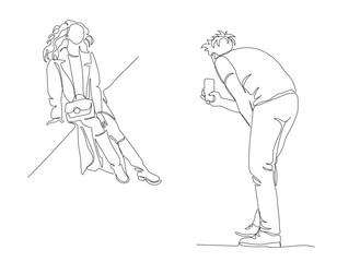 Man taking picture of girlfriend with mobile phone. Woman wear long jacket and boots. Continuous line drawing. Black and white vector in line art style.