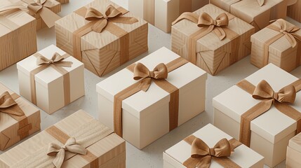 A close-up of a group of wrapped gifts in various shades of brown and white.