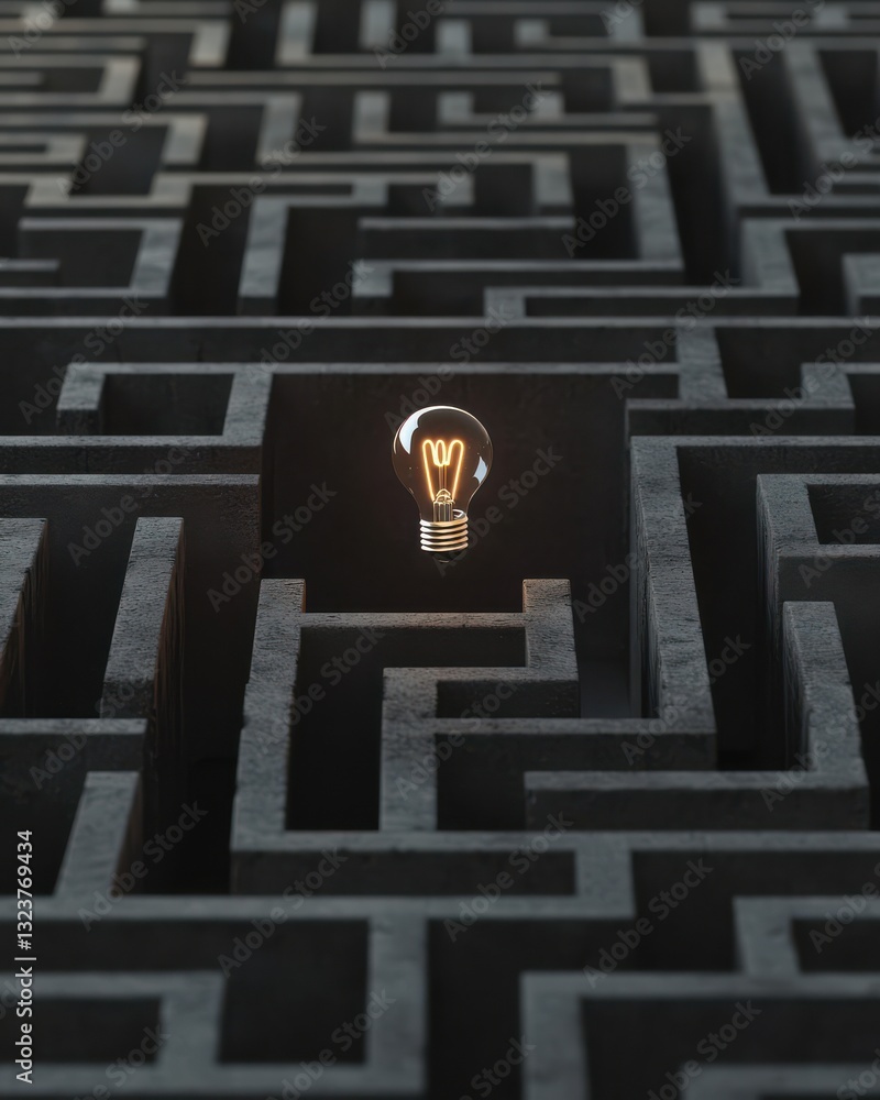 Poster light bulb in maze symbolizing creativity, innovation, problem solving, and finding solutions in lif