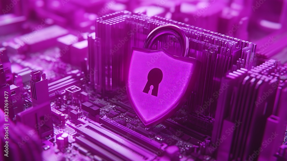 Poster pink cybersecurity concept featuring shield lock on circuit board with abstract technology backgroun