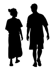 Silhouette of couple walking away. Woman in glasses. Back view. Black vector illustration isolated on white background.