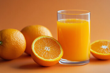 A refreshing glass of orange juice surrounded by whole and halved oranges set against a warm orange-toned background

