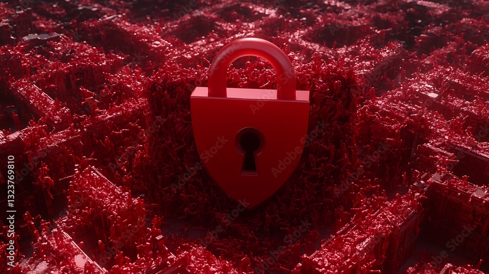 Aufkleber red abstract digital maze with a prominent red padlock symbolizing security and protection in a comp