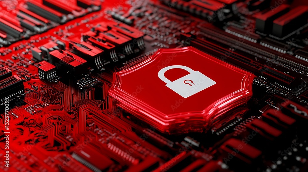 Poster red circuit board with security lock icon symbolizing data protection and cybersecurity concept