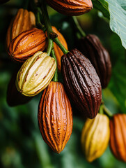 A close-up of vibrant cocoa pods displaying rich textures and colors, nestled within vivid green leaves.