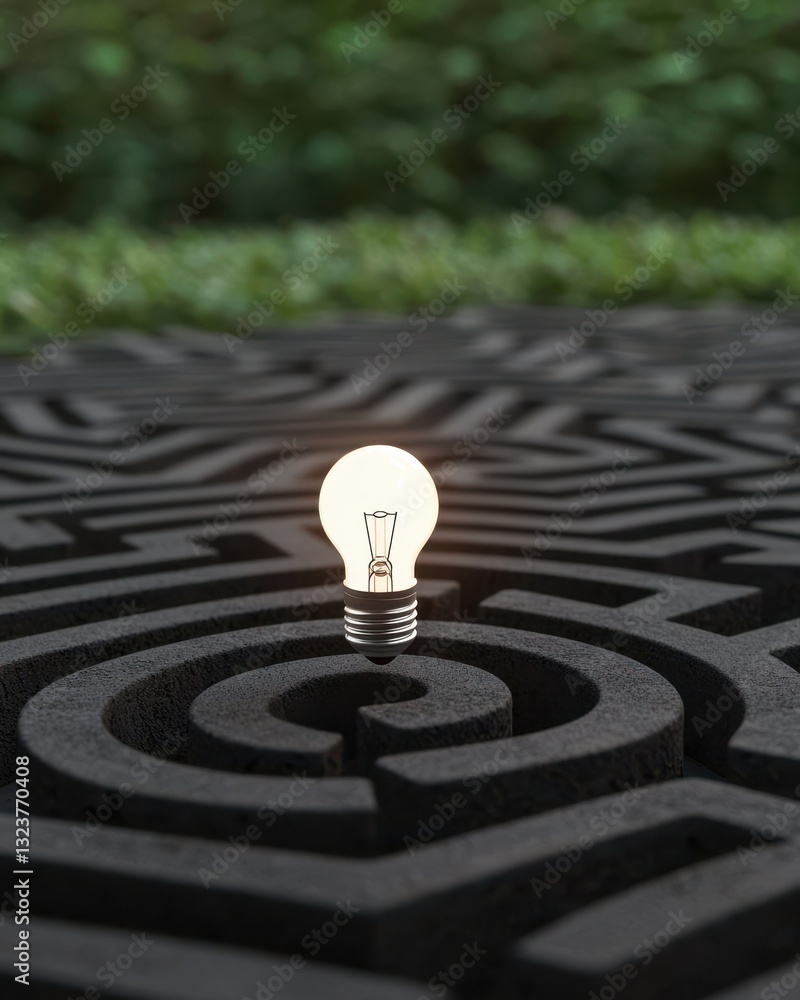 Poster concept of innovation and creativity with light bulb in a maze representing problem solving and idea