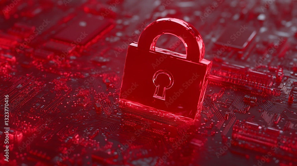 Poster red digital lock on circuit board background representing cybersecurity and data protection concepts