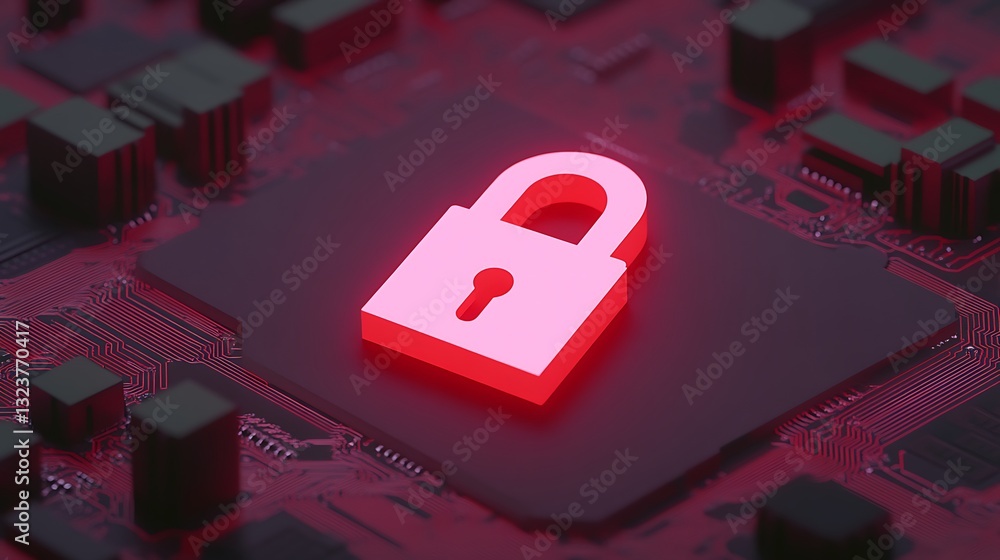 Poster red digital lock icon on circuit board background representing cybersecurity and data protection