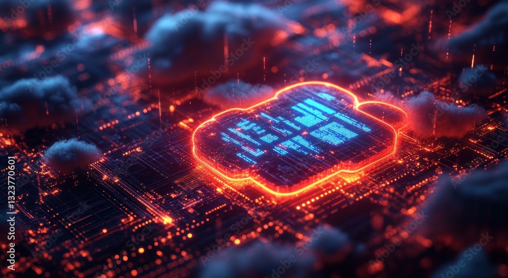 Poster futuristic isometric digital data flow concept with cloud computing and neon aesthetics