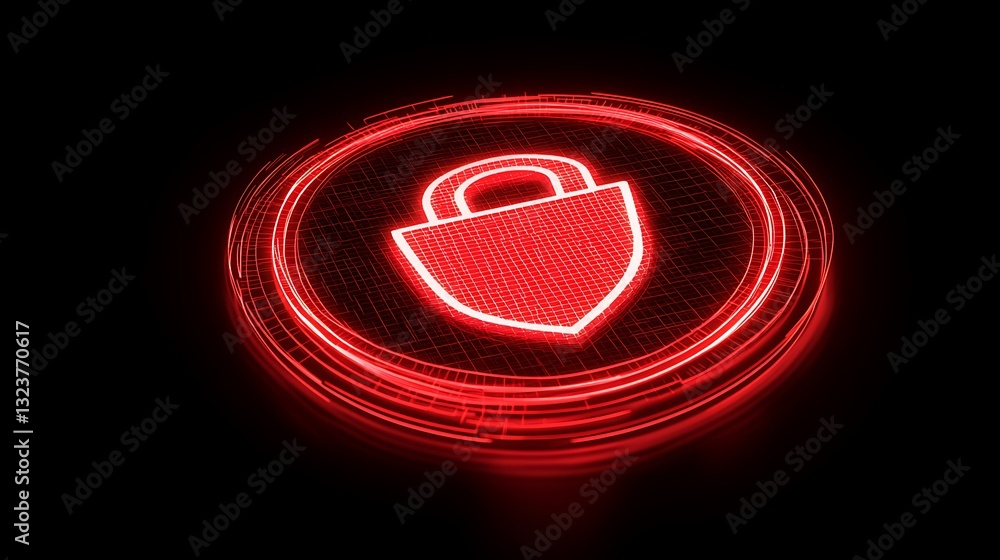 Poster red digital padlock symbol with glowing circle on dark background for cybersecurity and data protect